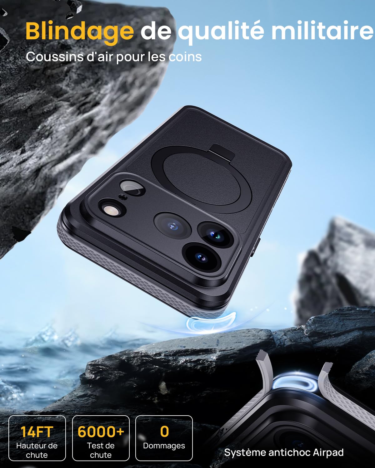 Lanhiem Coque pour iPhone 17 Pro Étanche avec Anneau Support [IP68 Imperméable] 360 Indestructible Antichoc Integral Antipoussière Anti-Neige Waterproof Etui avec Renforcée Protection écran,Noir