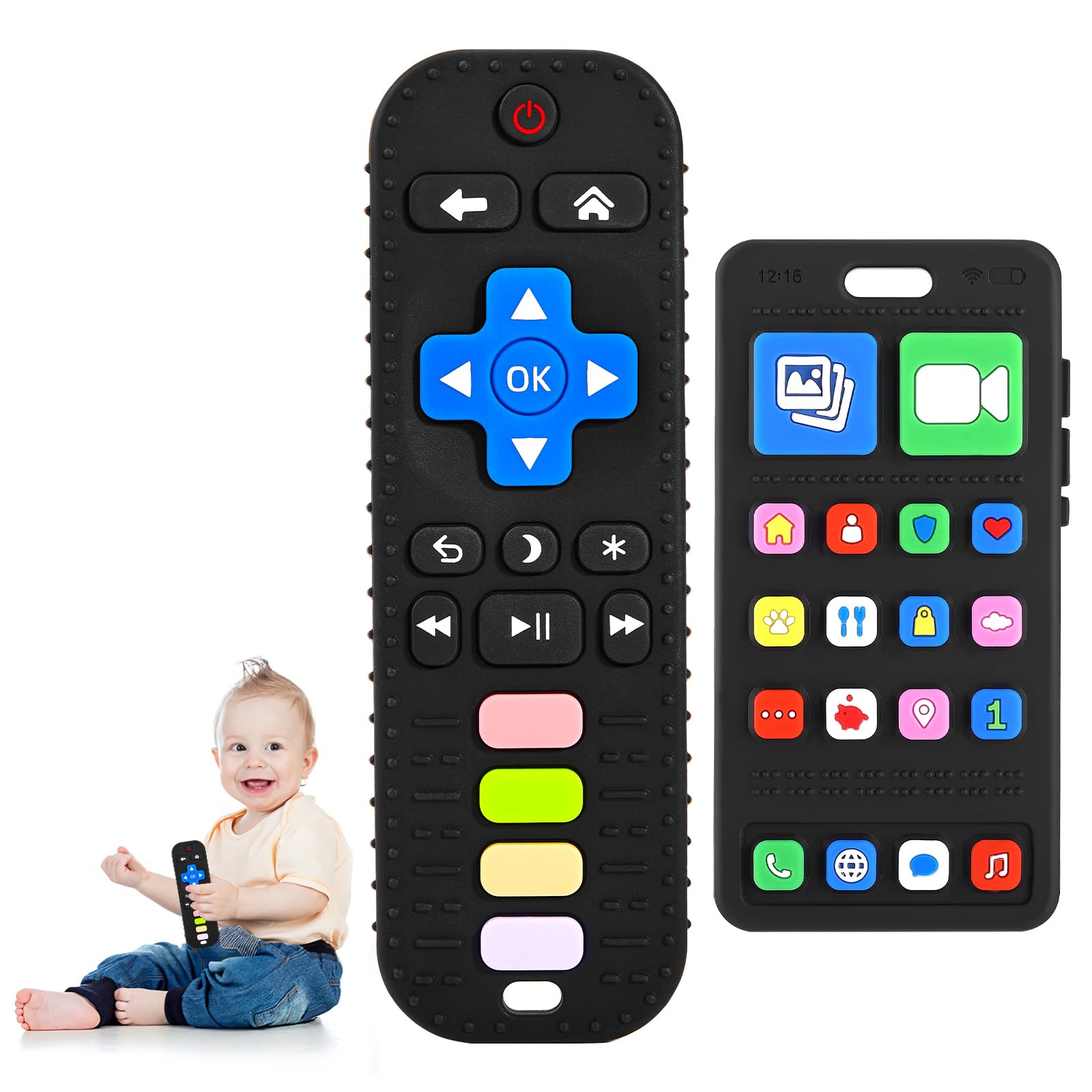 VoMii Beißringe Spielzeug für Baby 3 6 12 18 Monate, 100% Silikon Baby Fernbedienung & Mobiltelefon Zahnungshilfe für 3 6 9 Monate Kleinkind Jungen Mädchen, Badespielzeug, Beißspielzeug, BPA-frei