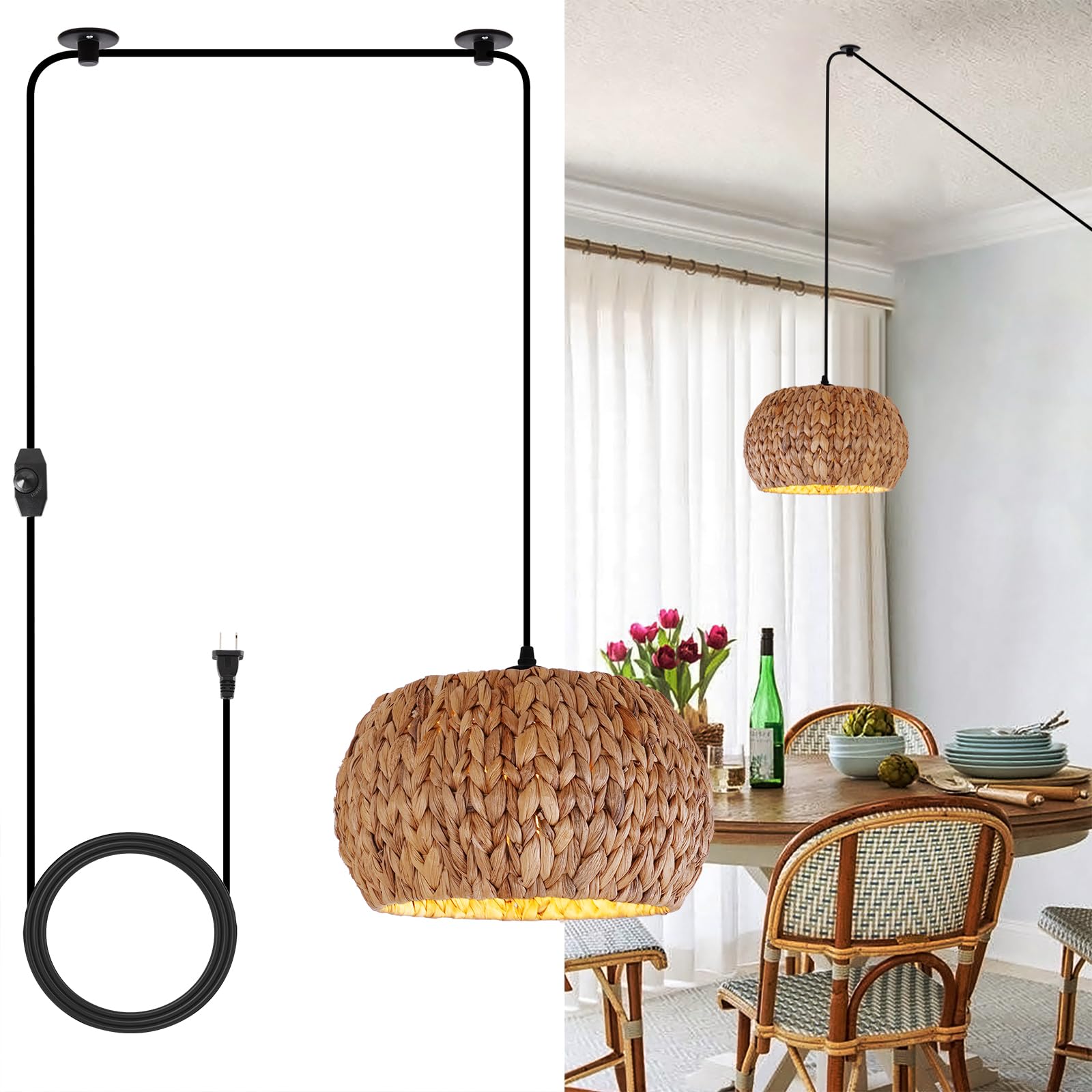 Photo 1 of HuisMier Rattan Plug in Pendant Light Boho Hanging Lights with 15 Ft Plug in Cord & Dimmable Switch, Hand Woven Lampshade Boho Hanging Lamp for Kitchen Island Dining Room Bedroom