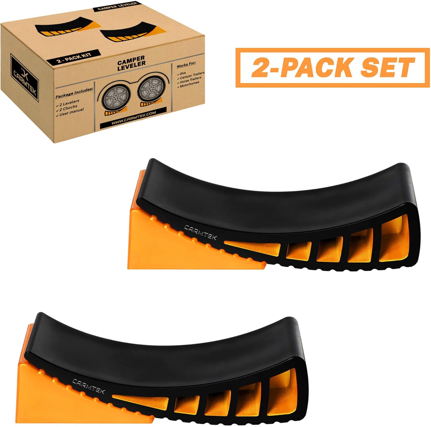 CARMTEK Camper Leveler Kit - Curved RV Levelers with Camper Wheel Chocks for Travel Trailers | Faster Camper Leveling Than RV Leveling Blocks (2 Pack) : Automotive