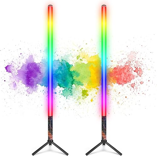 LUXCEO Paquete de 2 barras de luz de tubo RGB (2.8 pies) con soporte, varilla de luz LED de video alimentada por batería para DJ y fotografía