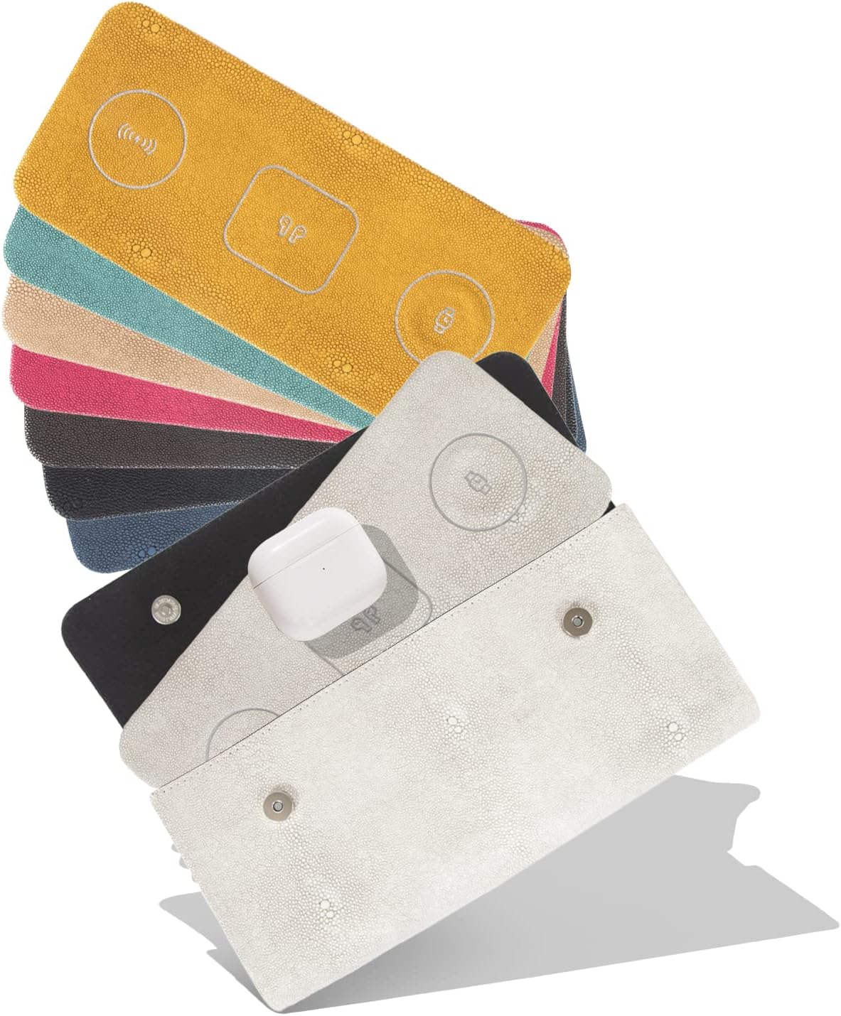 Brouk and Co ACE 3-in-1 Portable Wireless Fast Charging Pad, Yellow - Compatible with iPhone, Apple, Samsung, and Android - Multi-Device, 15W, Vegan Leather, Watches, Phones, Headphones