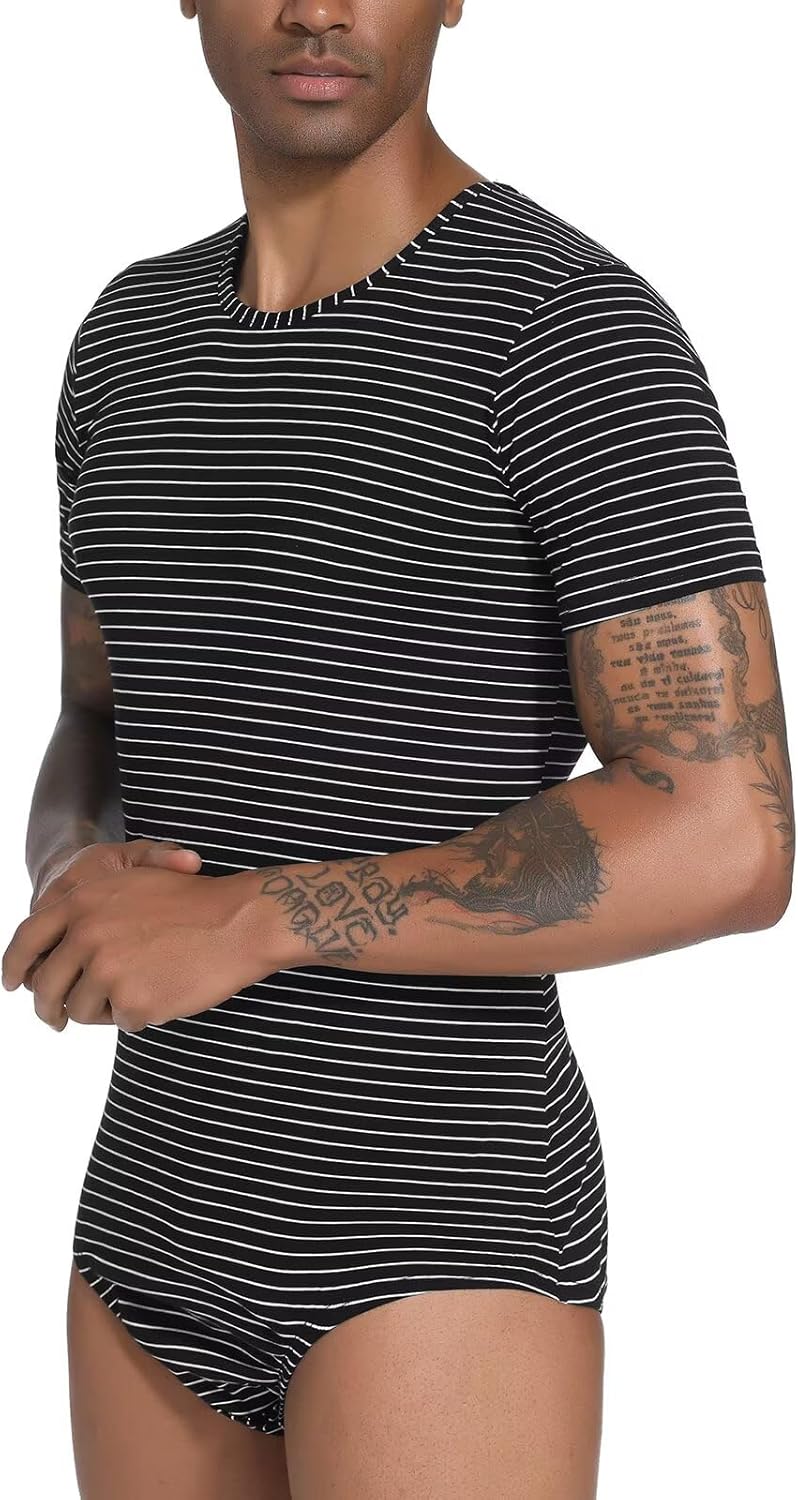 Landofgenie Men Short Sleeve Romper Pajama Bodysuit One Piece Rompers Stripe Onesie Leotard Top - Stripe Maker - Image 5
