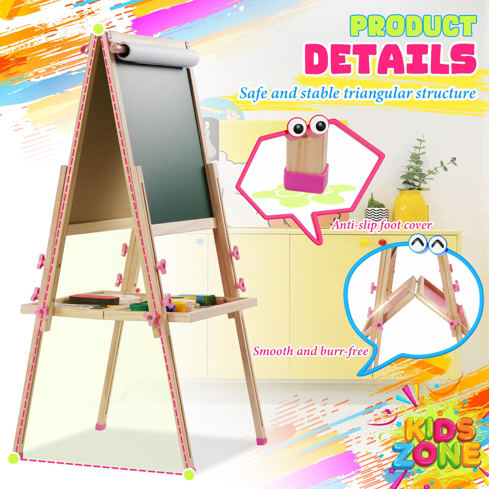 Staffelei Kinder aus Holz,Faltbare Doppelseitige Kunststaffelei für Whiteboard und Kreidetafel,Höhenverstellbar mit Papierrolle, Kreidetafel, Whiteboard, Stift, Reichhaltige Accessoires,Rosa