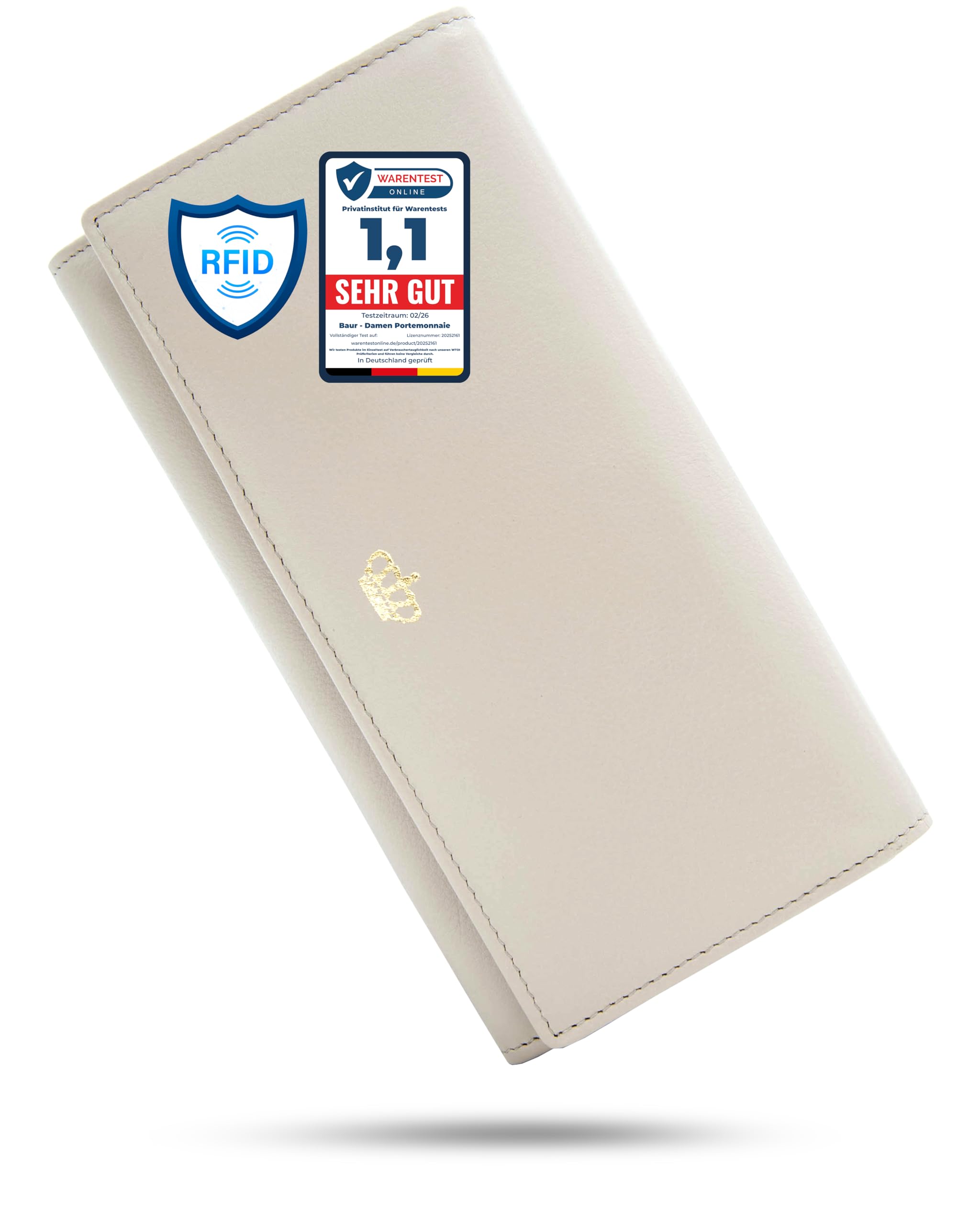 Baur damski portfel – prawdziwa skóra nappa z ochroną RFID – duży portfel z zatrzaskiem, 18 przegródek na karty i kieszonka na monety z metalowym zamkiem błyskawicznym – pełna skóra, kremowy, 19 x 10
