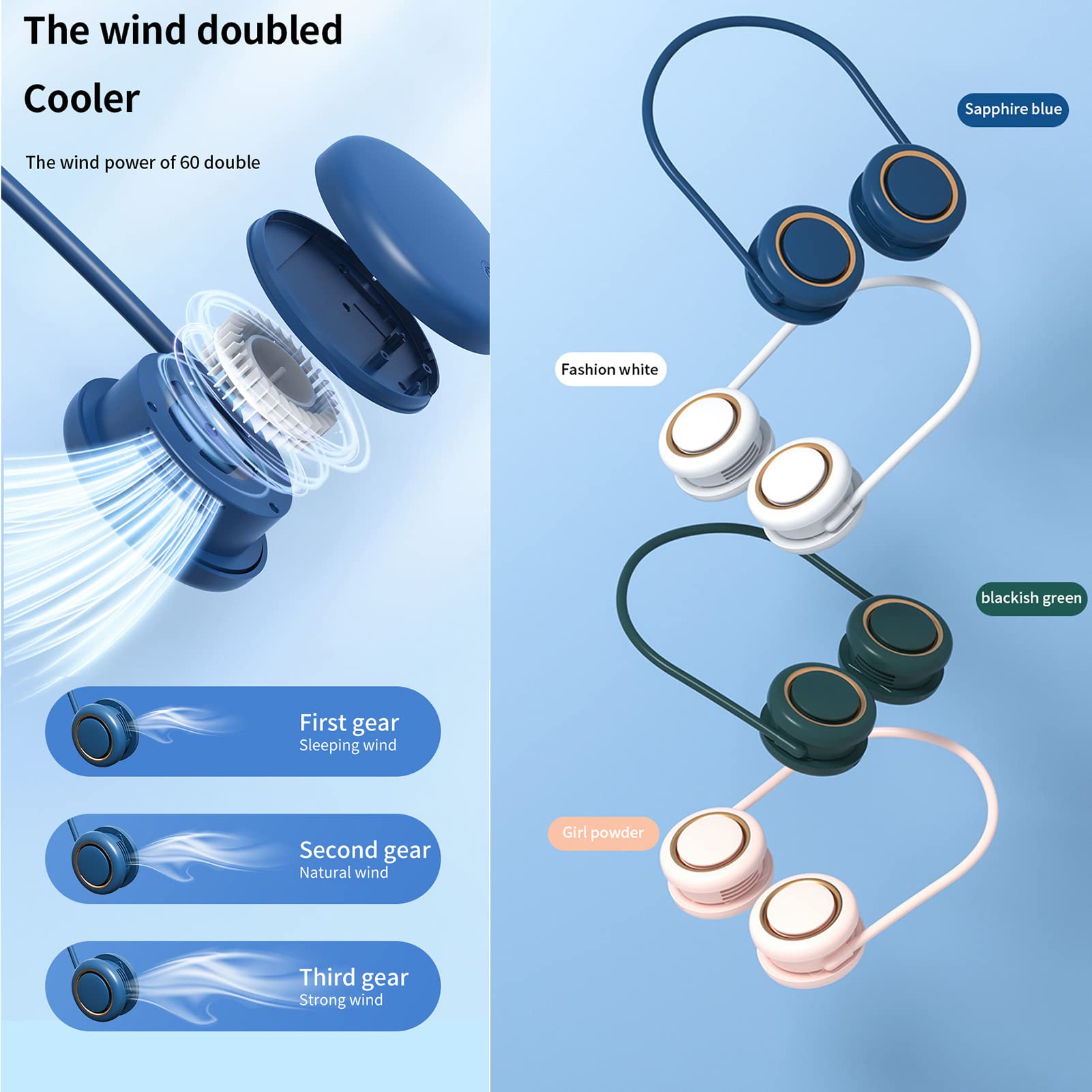 Ventilatore portatile da collo, senza lama, ricaricabile tramite USB, mini ventilatore portatile a 3 velocità, per casa, ufficio e uso esterno, raffreddamento a mani libere, bianco
