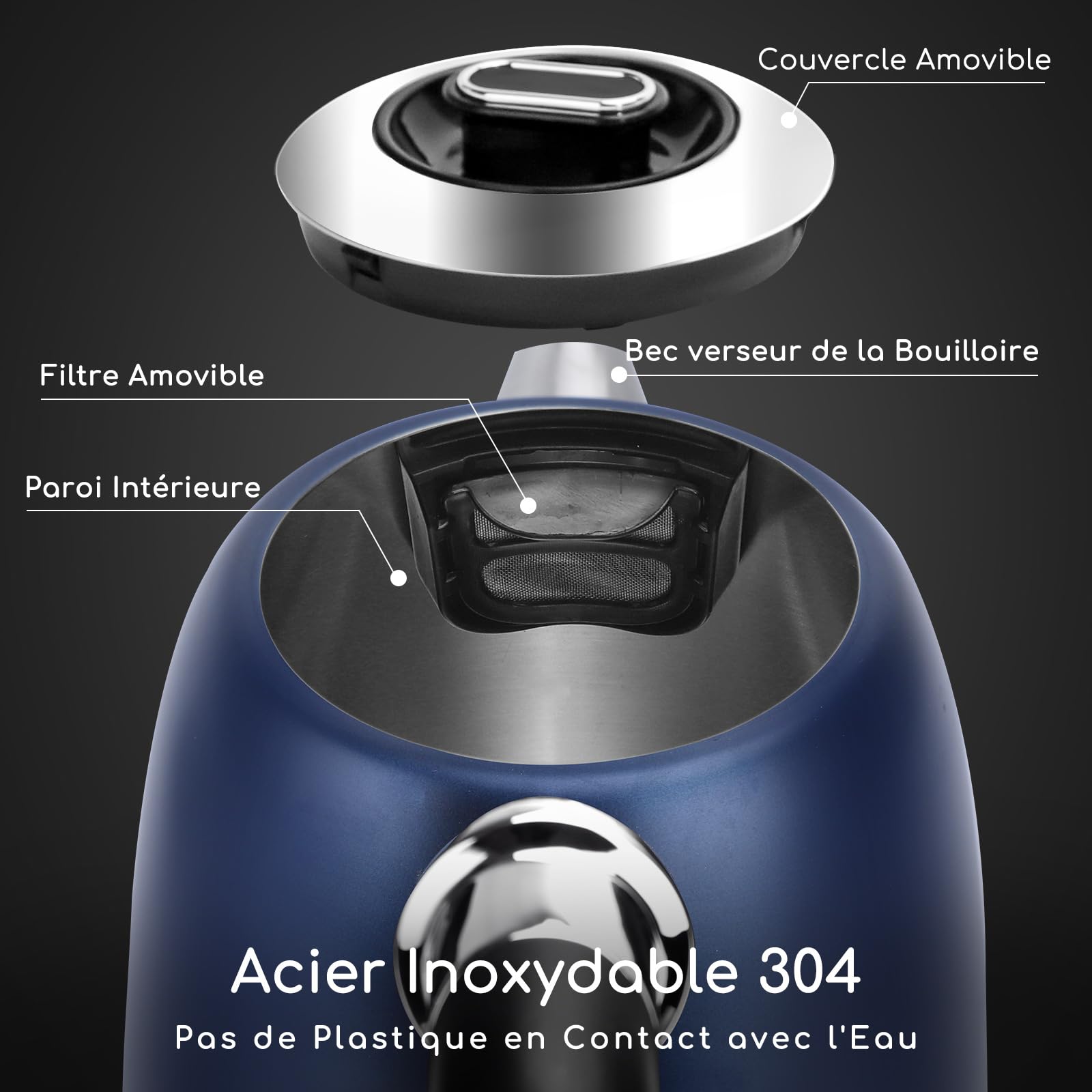 Aigostar Bouilloire Electrique Temperature Reglable inox 1,7L Bleu Foncé Vintage - Bouilloire électrique 2200W, Maintien Au Chaud, ébullition Rapide, Pas de Plastique à L'intérieur, Sans BPA