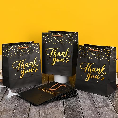 Miniatura 3 de COGLARING 20 bolsas de regalo de papel de agradecimiento negras y doradas con asas, tamaño mediano para bodas, venta al por menor, regalos de