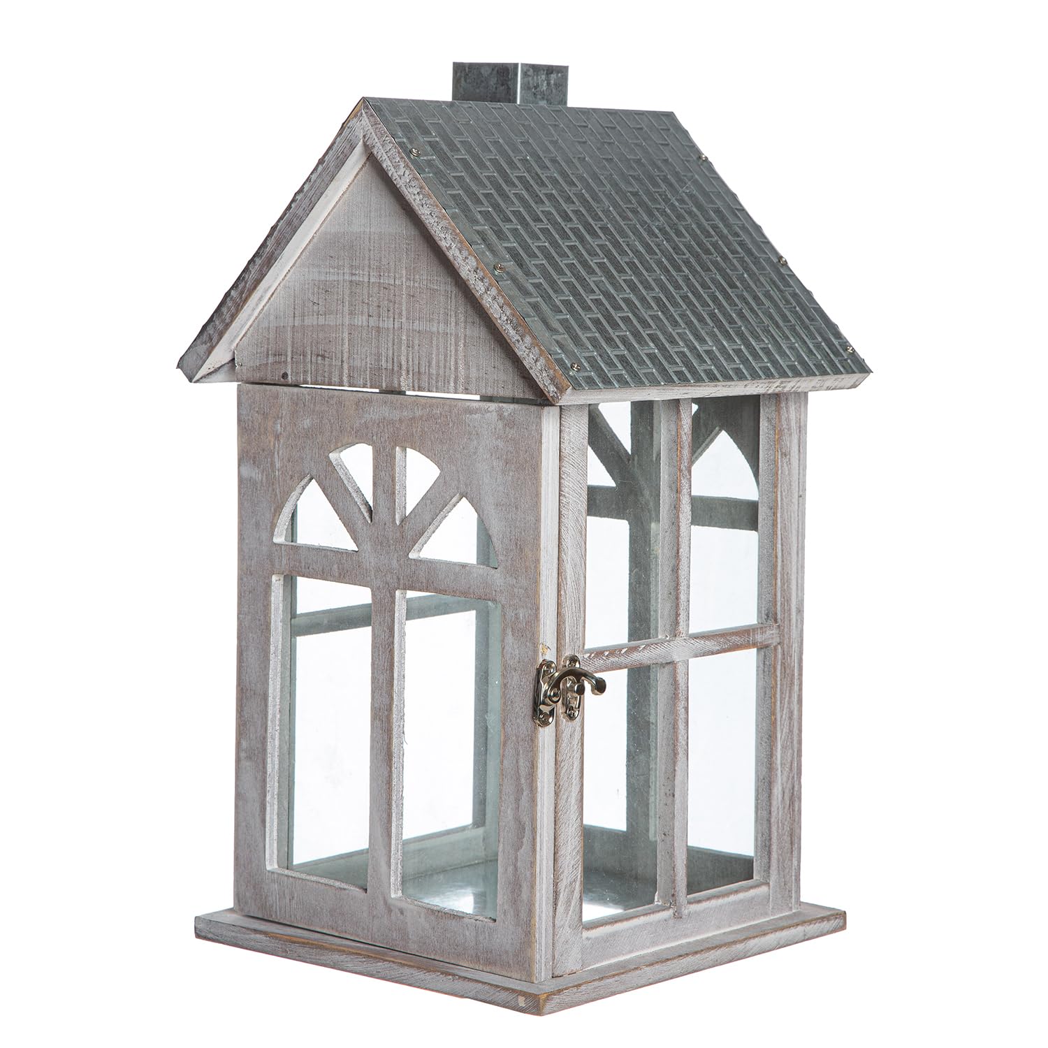GILDE Branco Glass Lantern - Wood and Metal - House Shape - Height 39 cm - Silver and White