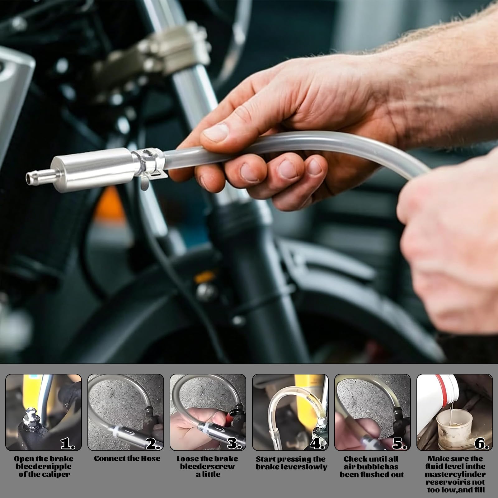 7 Pezzi Kit Spurgo Freni Moto Auto, con Valvola di Non Ritorno, Tubo Spurgo, Strumento Sanguinamento Idraulico, Universale
