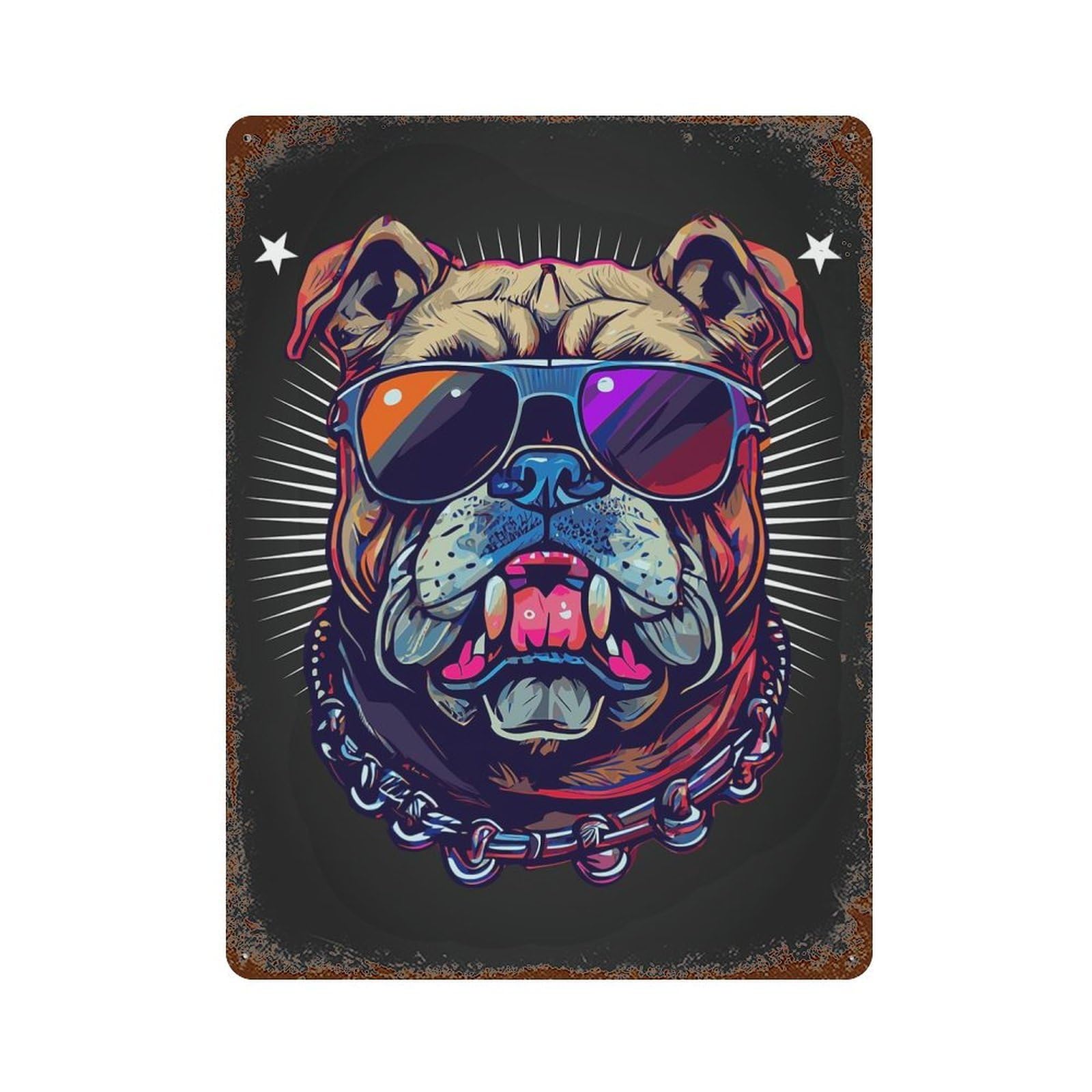 Badass Vaporwave Bulldog 15.7"x11.8" Rust Effect Tin Sign, Decorative Metal Wall Art for Garage, Bar And Workshop Decor