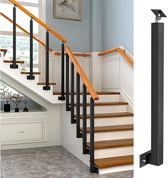 Professional Side Mount Stair Balusters Post, Black Square Metal Railing Spindles with Flat & Adjustable 270 Angle Bracket, Banister Column for Deck, Steps, Garden, Outdoor Stairs Remodeling  Color