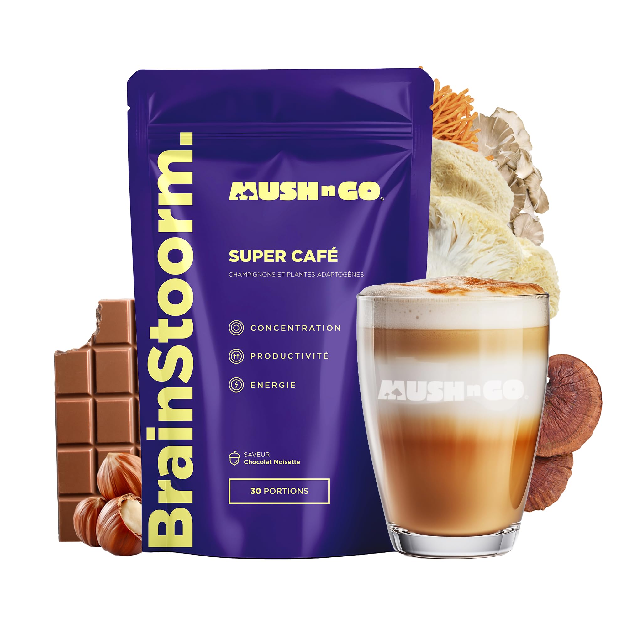 Brainstoorm Mushngo - Súper Café con Hongos Adaptógenos: Lion’s Mane, Cordyceps, Chaga - Vegano - Concentración, Energía, Claridad Mental - 30 tazas de 8g