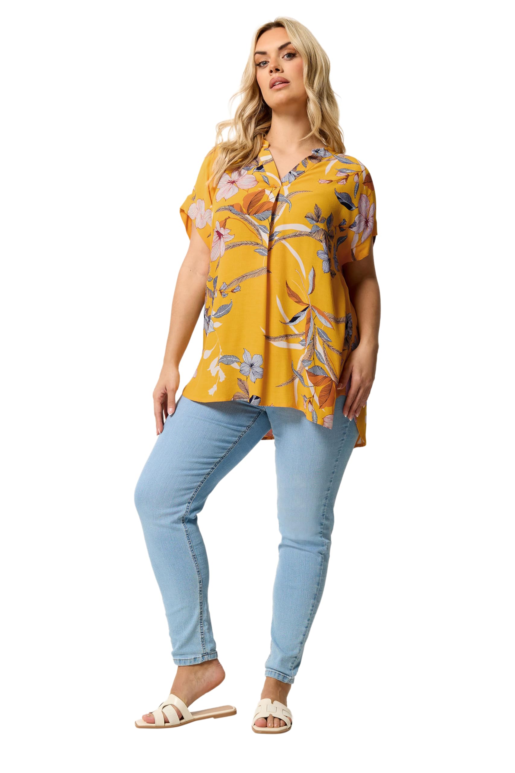 Yours Women's Mustard Curve Yellow Floral Print Pleated Blouse - Plus Size Curve