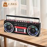 Portable Cassette Player Boombox AM/FM/SW Radio Stereo, CasetteTape Player Recorder,MP3 Bluetooth USB RGB Lights TF card (Red) - 8