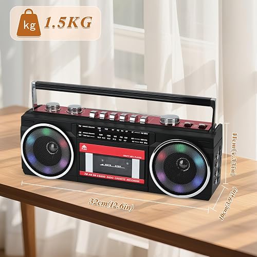 Portable Cassette Player Boombox AM/FM/SW Radio Stereo, CasetteTape Player Recorder,MP3 Bluetooth USB RGB Lights TF card (Red) - 8