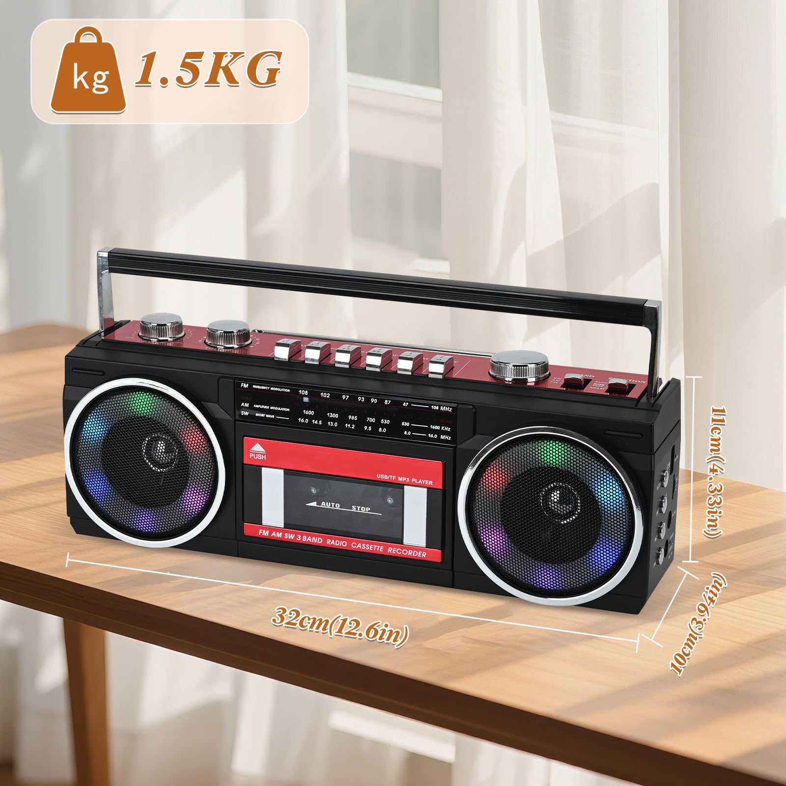 Tragbare Kassettenspieler Boombox AM/FM/SW Radio Stereo, CasetteTape Player Recorder, MP3 Bluetooth USB RGB Lichter TF Karte (Rot)