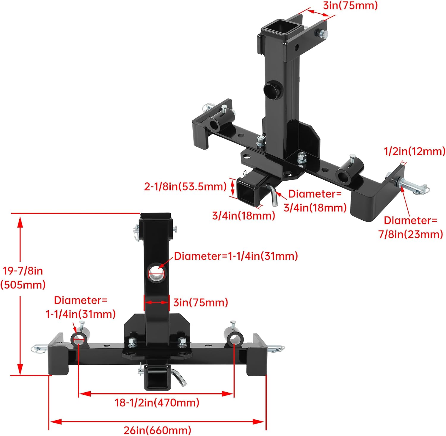 ECOTRIC 3 Point Trailer Receiver Universal Compatible with Category 1 Tractors Hitch Receiver Black Spear Holes Steel Powder Coated
