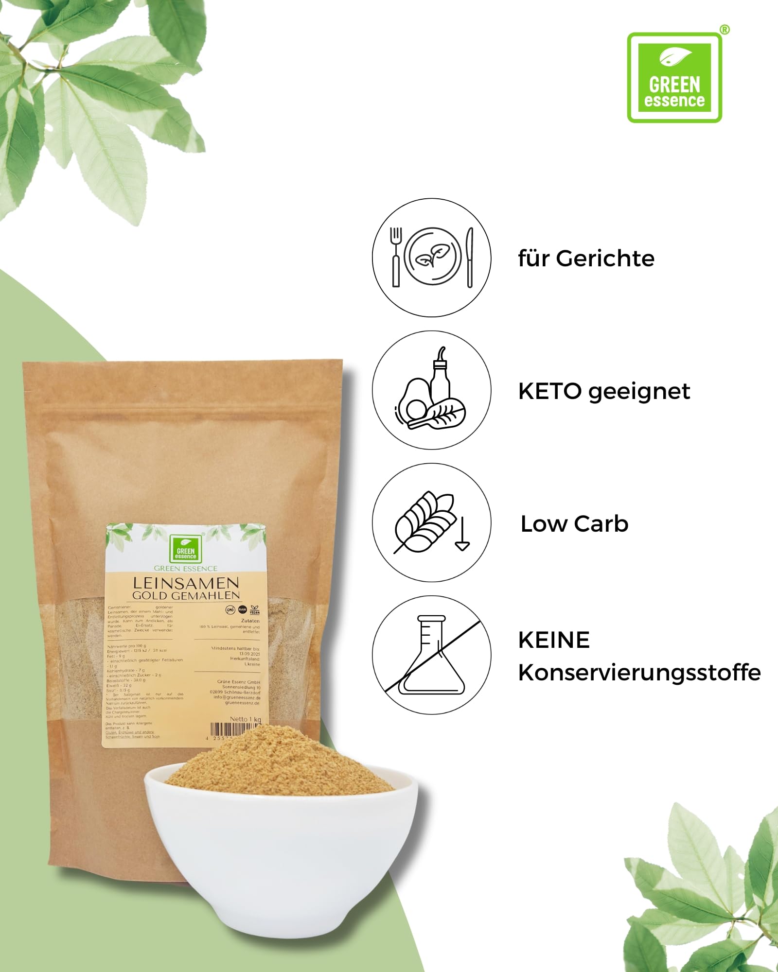 Leinsamen geschrotet 10kg Goldleinsamen gemahlen Mehl von Green Essence