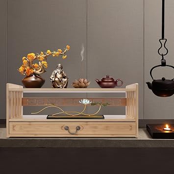 Bamboo Altar Table with Drawer, 2-Tier Meditation Altar Rectangular Pooja Low Floor Japanese Spiritual Table for Floor Sitting, Buddha Statues, Rituals, and Home Decor (Wood Color)
