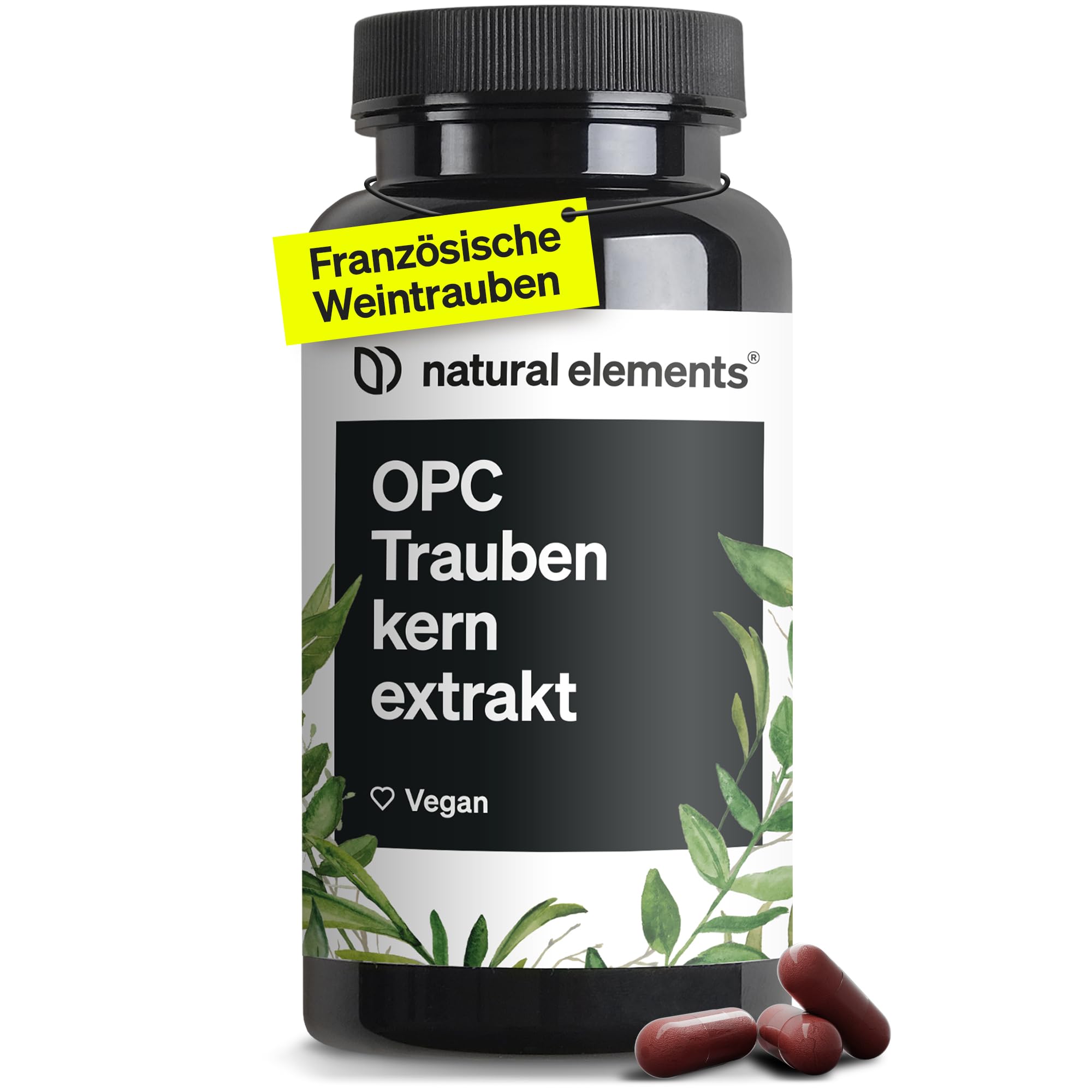 natural elements OPC Traubenkernextrakt – 90 hochdosierte Kapseln für 3 Monate – reines OPC aus französischen Weintrauben – vegan, in deutschen Laboren getestet
