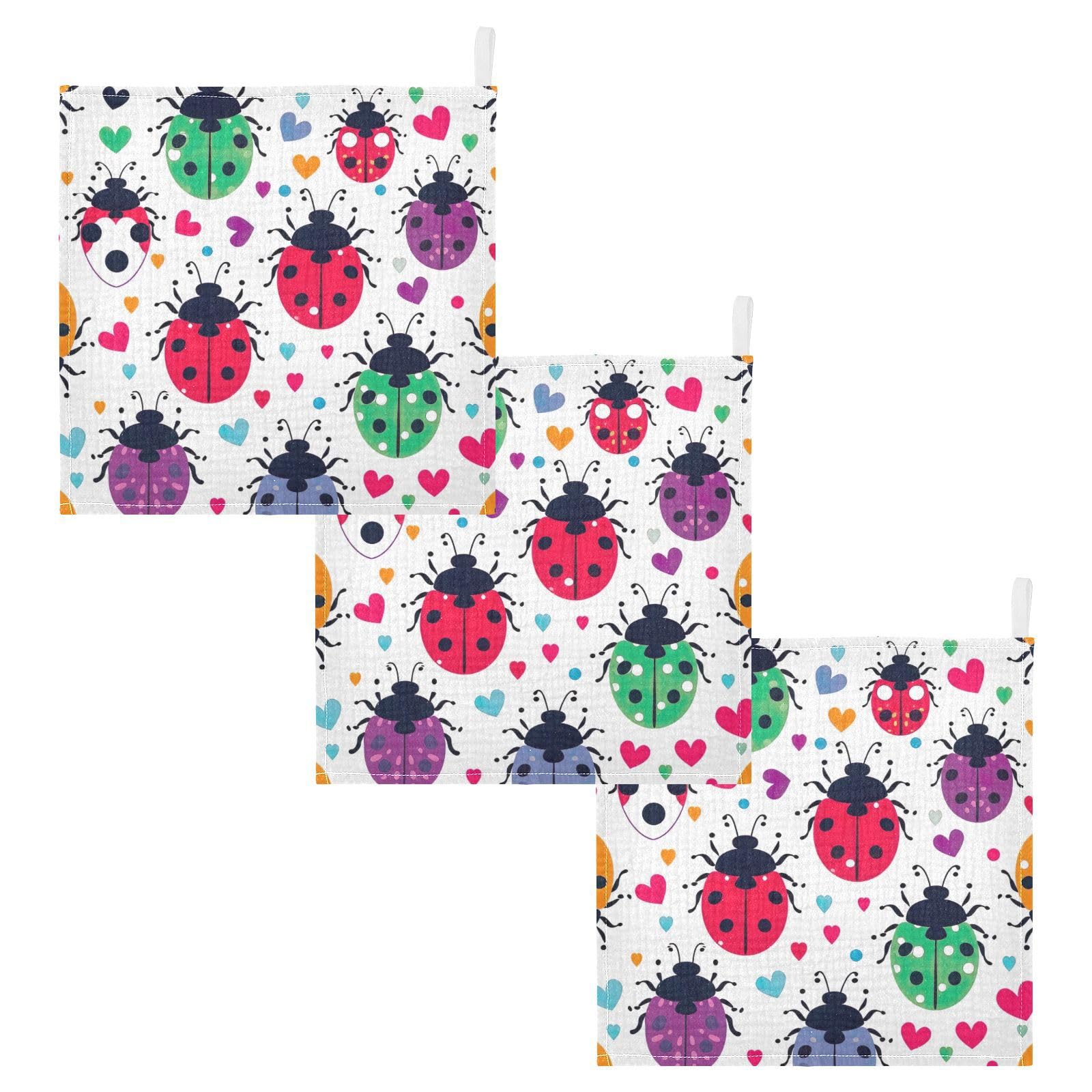 Msyxl Colorful Lady Bugs Baby Washcloths 3 Pack Soft Face Towel Absorbent Bath Wash Cloths for Newborn Infants Kids Girls Boys, 12x12in