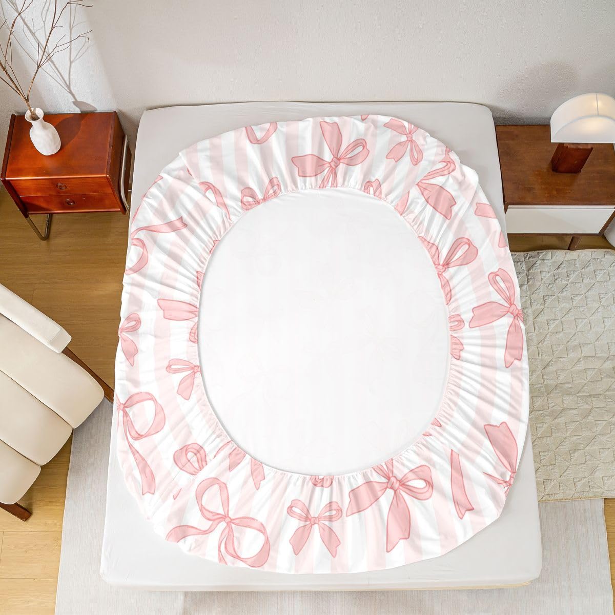 Juego de sábanas bajeras de 3 piezas con diseño de camafeo con lazo, color marrón, tamaño King (no plana), suave y suave, decoración de habitación de niñas y adultos, funda de cama romántica con rayas