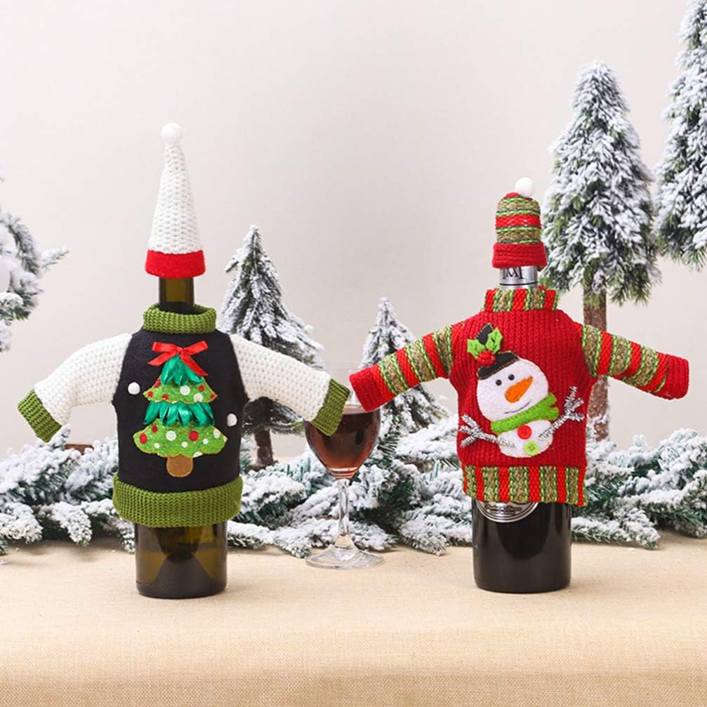 Amosfun Sweater Christmas Wine Bottle Covers Holiday Wine Bottle Sweater Cover with Hat for Christmas Party Decorations Random Styles