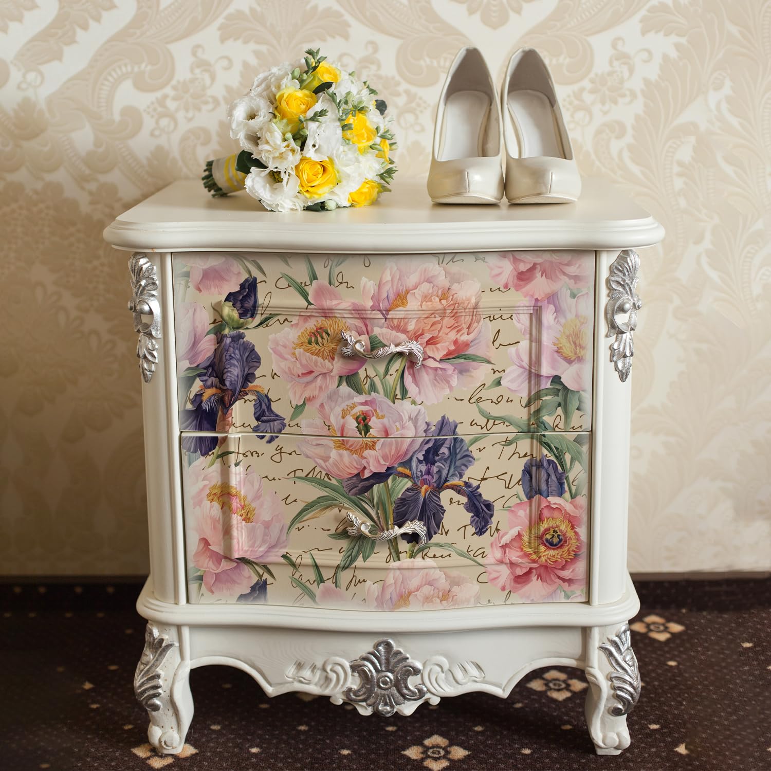 Flortlias Floral Decoupage Paper for Furniture Large Vintage Decorative Printed Art Tissue Paper for Craft, Vintage Abstract Peony Letter