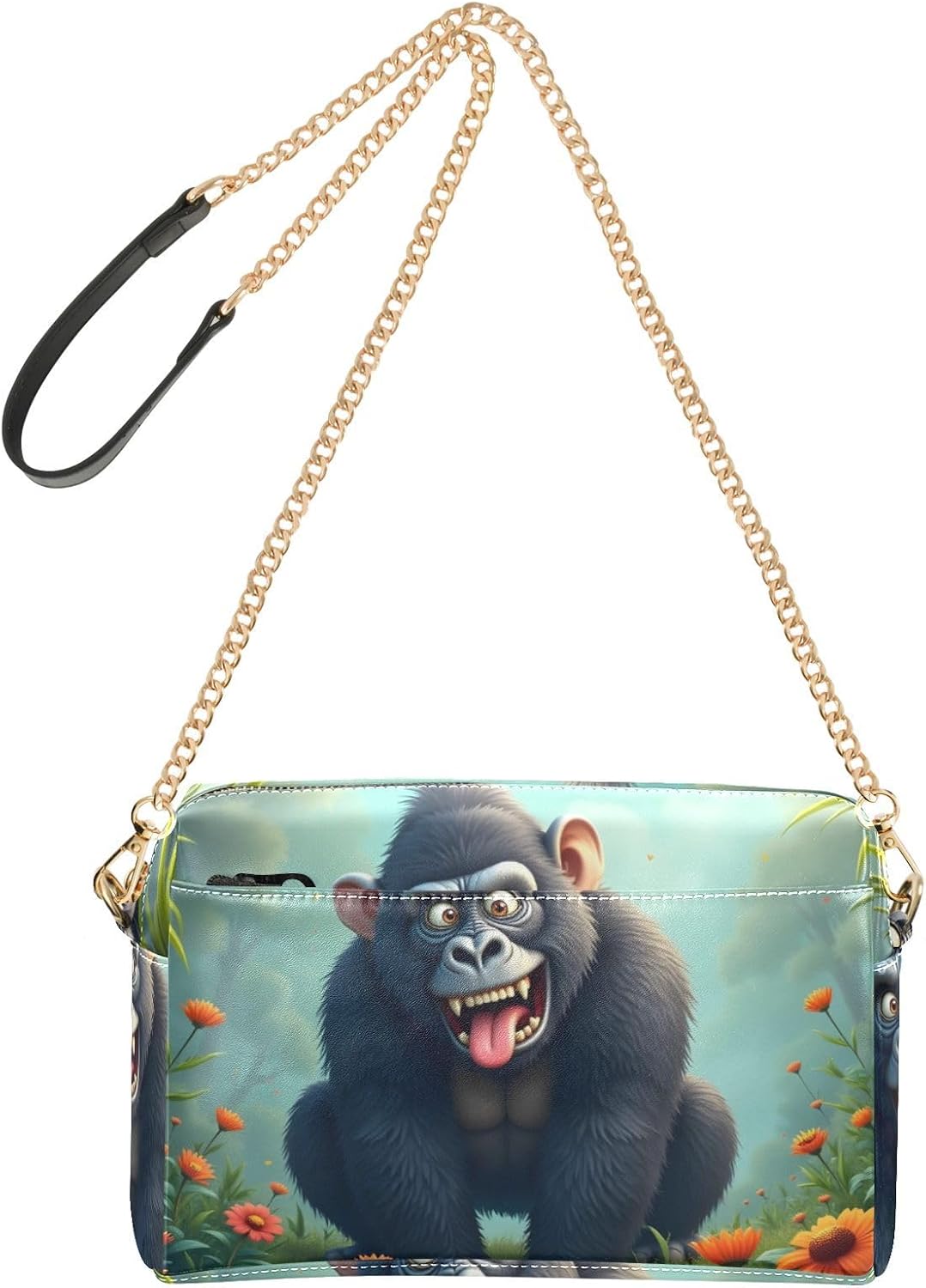 Women Crossbody Bag Shoulder Handbag Cellphone Purse Funny Gorilla Print, PU Leather Metal Chain Strap Water Resistant Zipper Closure