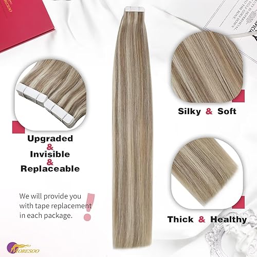 Miniatura 2 de Moresoo - Extensiones de cabello humano con cinta de 20 pulgadas, con cinta, color marrón a rubio, 20 unidades de 1.76onzas, color marrón claro #9A