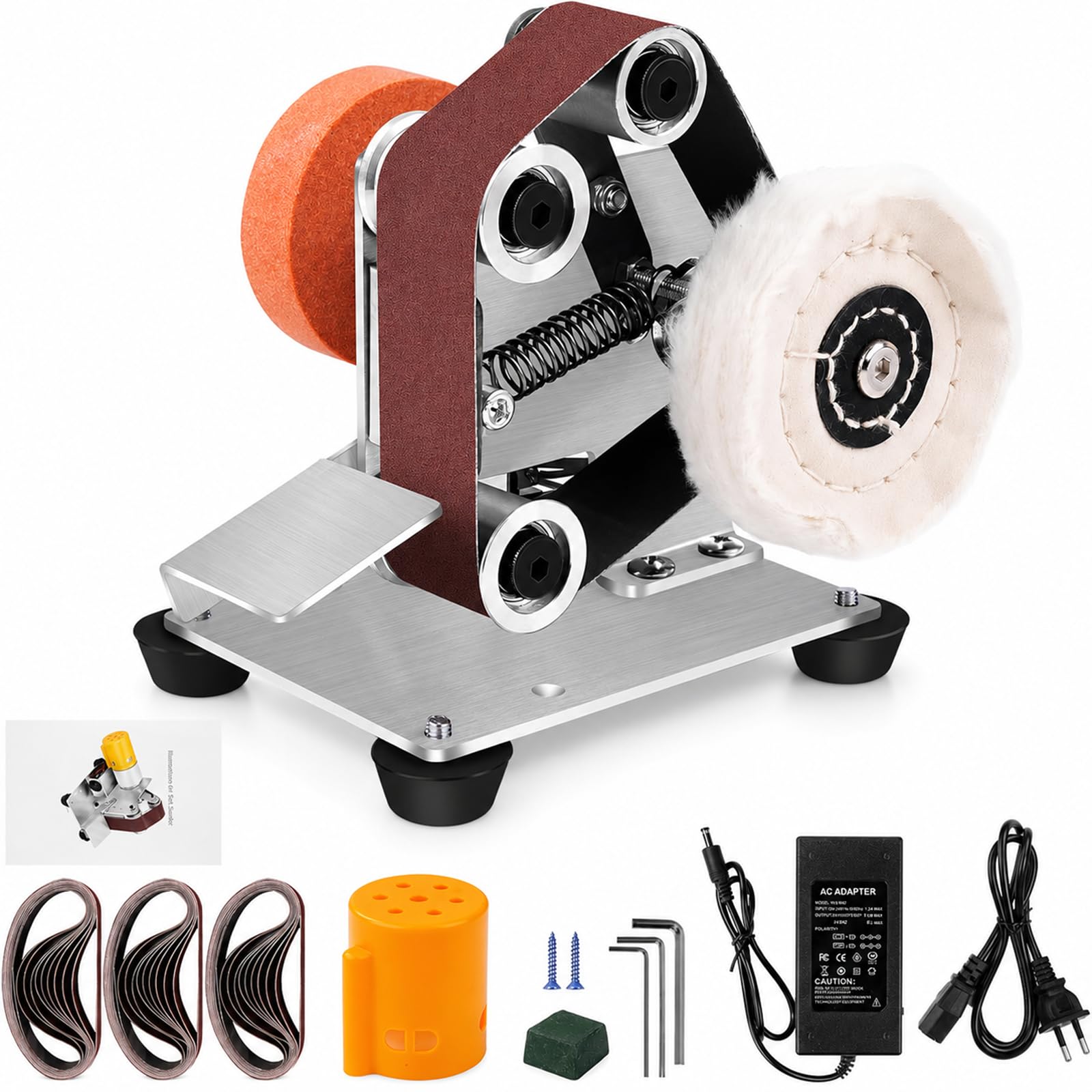 Ponceuse à Bande Electrique Stationnaire, 3 en 1 Petite Meuleuse d'Établi avec 30 Bandes Abrasives 30x330mm, 7 Vitesses Réglables, Affuteur de Couteaux pour Travail du Bois, Métal, Artisanat