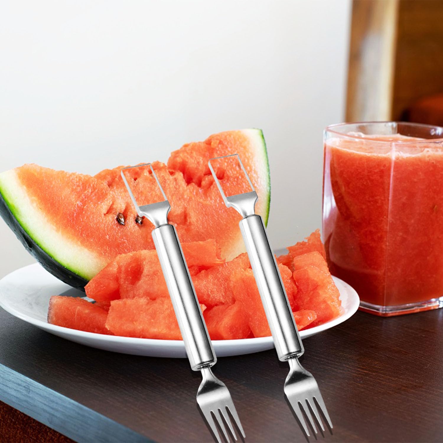 Trancheuse à Fruits 2 En 1 En Acier Inoxydable, Fourchette à Pastèque à