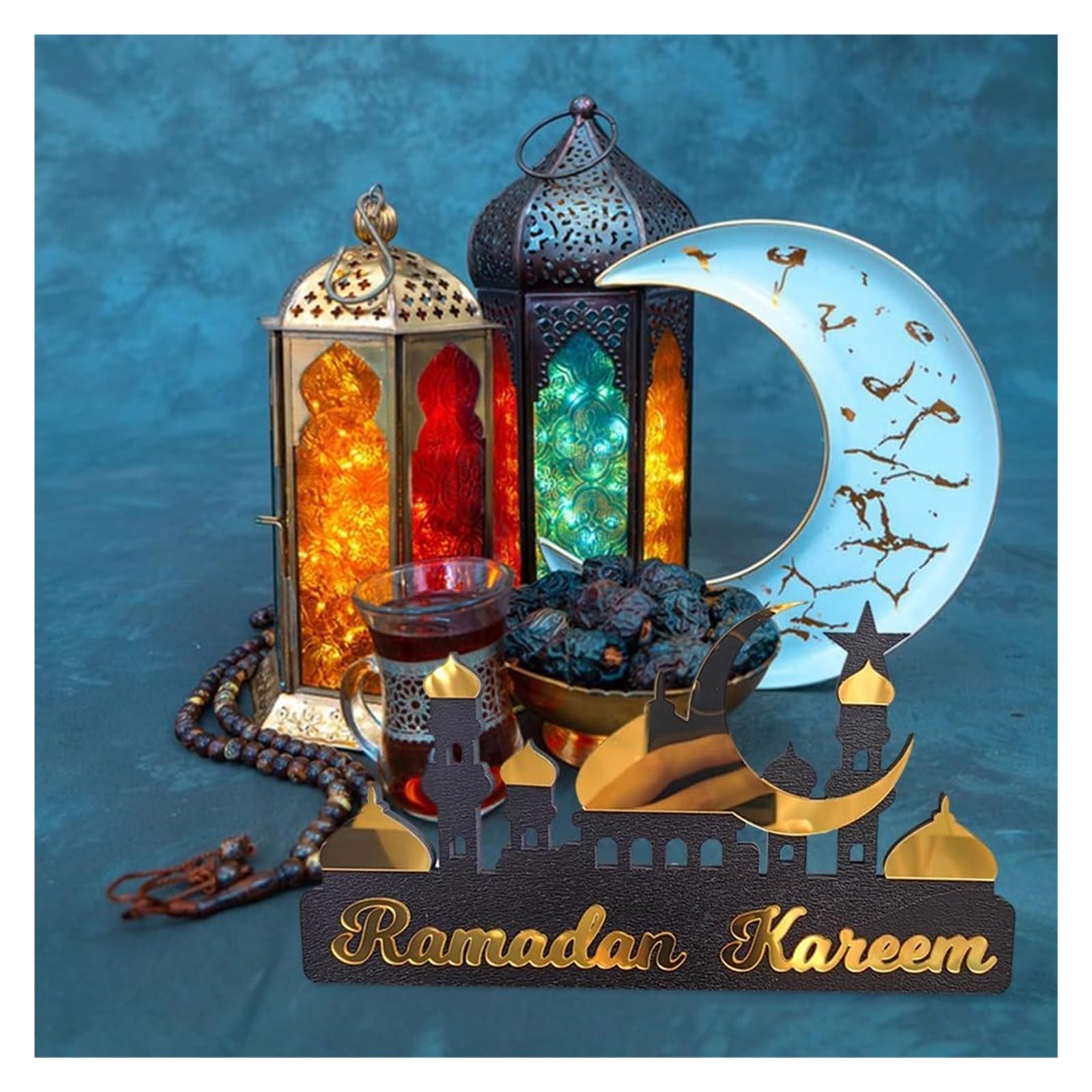 Ozdoby ramadanowe na domowy stół, Ramadan Kareem Dekoracja stołu Drewniana akrylowa dekoracja Eid Mubarak(Silver B,L)