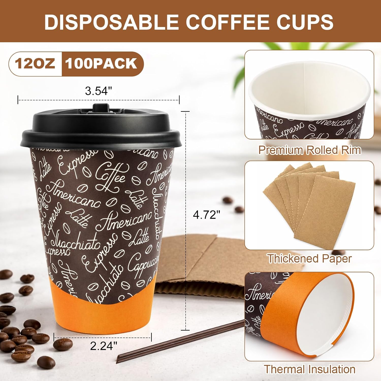 Condition photo showing New/Like New for to go paper coffee cups with lids and straws 12 oz, café design 100 pack disposable coffee cups with sleeves for hot & cold beverages, ideal for coffee shop, office, home, party 12 oz 100 pack