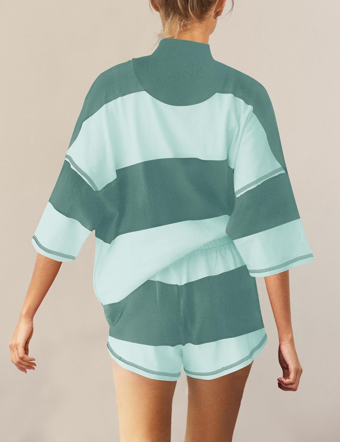 Panadila Women Striped Workout Set Two Piece Outfit Tracksuit Oversized Lounge Set Top and Shorts Sets with Pockets