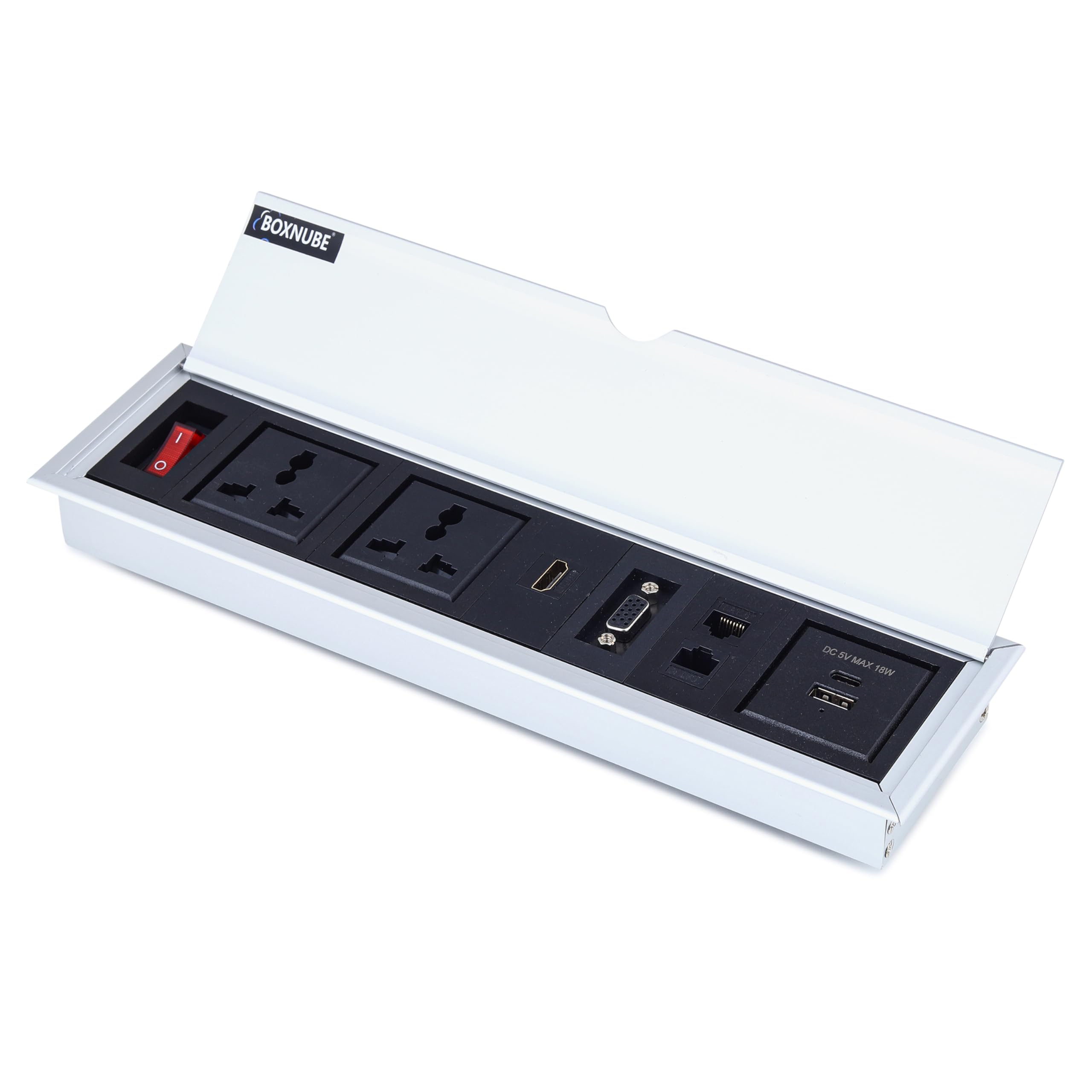 Flip Top Table Mount Power & Data Cable Cubby with HDMI, VGA, Dual LAN, USB-A, USB-C Charging, 2 Universal 6A Sockets | Aluminium Body-image-5