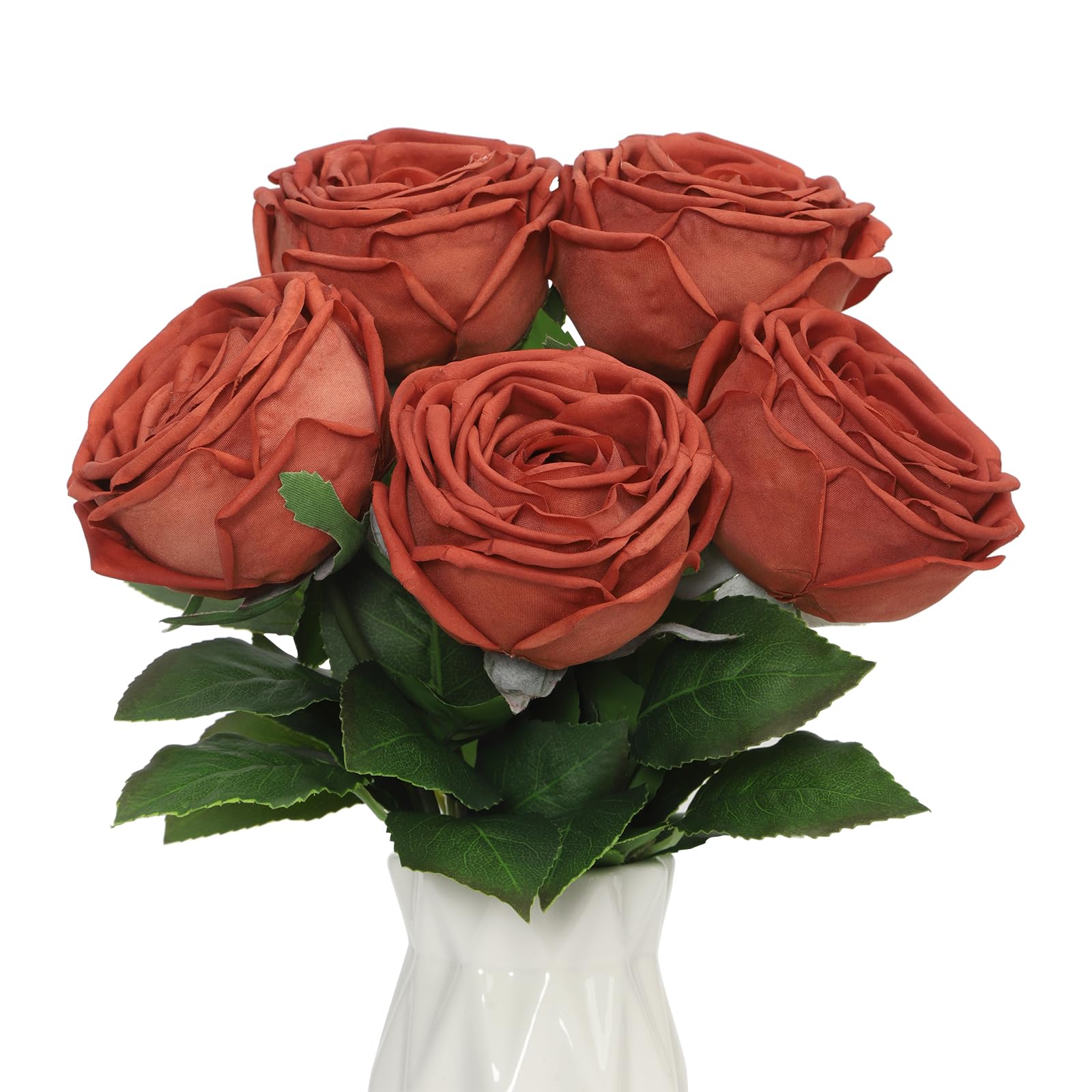 DuHouse 5 Pcs Real Touch Artificial Roses, Silk Fake Rose Flowers Bouquet for Home Wedding Table Decorations, Faux Roses for Vase Display, Valentine's Day, Party, DIY Crafts(Burnt orange)