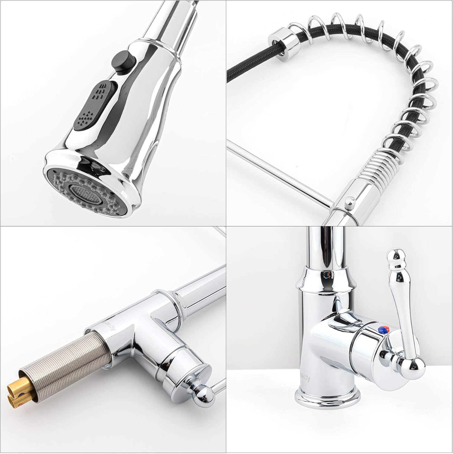 Quad-panel close-up of the AKDY faucet's sprayer, spring, base, and handle.