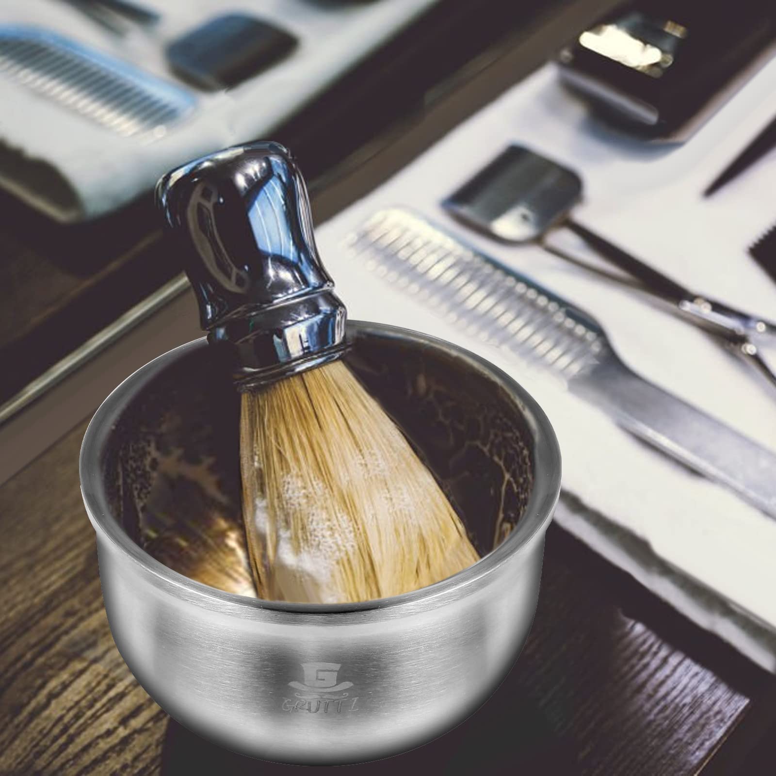 GRUTTI Ciotola da barba in acciaio inox per uomini durevole Shaving Bowl con ampia apertura resistente al calore e sicuro per sapone da barba e cura della (10.5cm)