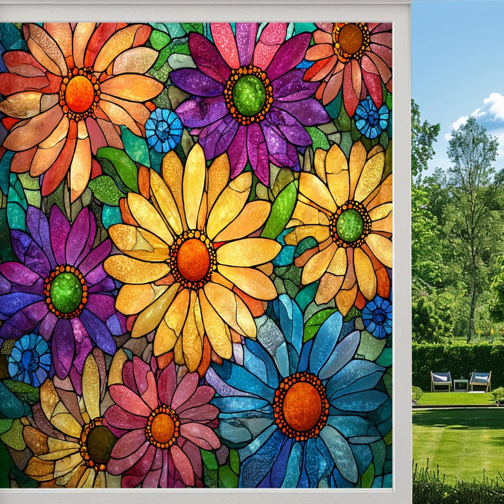 Farmhouse Flowers Privacy Window Film, Colorful Daisy Floral Garden Frosted Self-Adhesive Vinyl Cling for Glass Doors Bathroom Windows Sun Blocking Heat Control, （55x120cm）