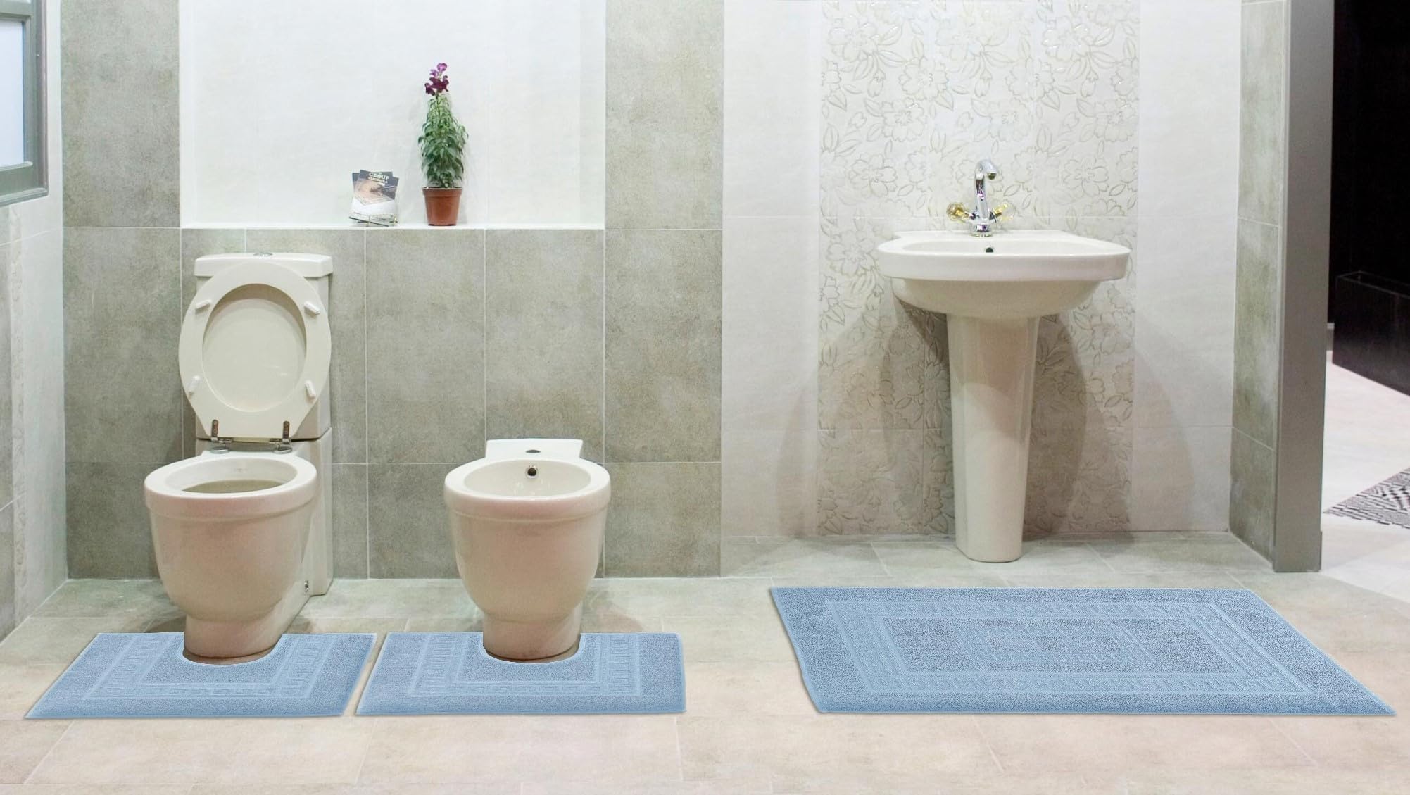 Casatessile Zestaw 3 mat gąbkowych do kąpieli, 1 dywan 60 x 90 cm + 2 okrągłe WC 60 x 45 cm. Torino - Azzurro