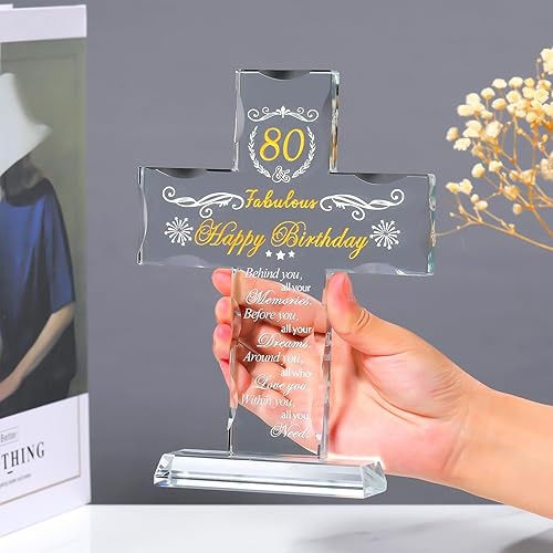 Miniatura 2 de Regalos religiosos de 80 cumpleaños para mujeres, hombres, amigos, abuela y mamá, soporte de cristal grabado con cruz de 80 años de bendición de