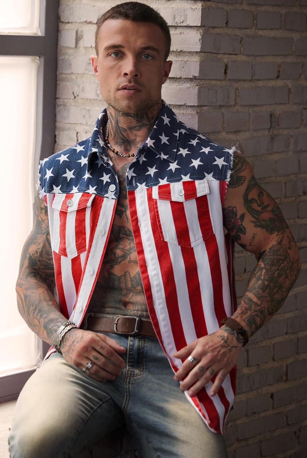 Mainfini Men's American Flag Denim Vest 4th of July Sleeveless Jacket With Pockets (S-XXL)