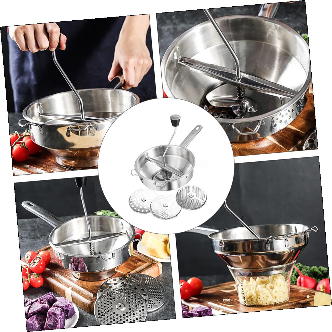 UKCOCO Moulin à Purée Acier Inoxydable pour Légumes et Fruits Mélangeur Alimentaire Multifonctionnel Poignée Ergonomique Usage Domestique et Cuisine