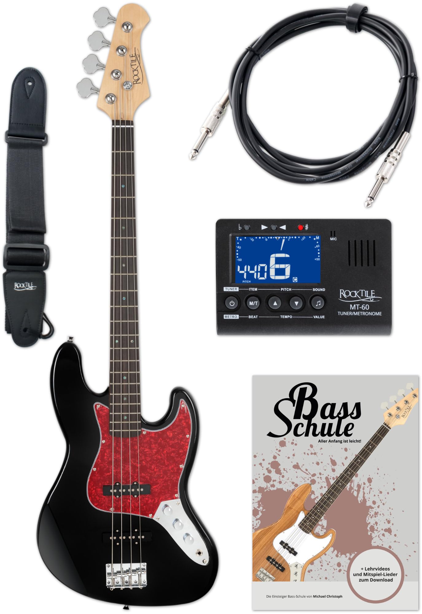 Rocktile Pro JB-30BK 70's Deluxe E-Bass Black Set, Basso, Jazz-Style E-Bass | 2 Single-Coil Pickup, 2 controlli volume/ 1 controllo tono, Tastiera: Engineered Wood, Manico: Acero, Corpo: Pioppo, 20 tasti