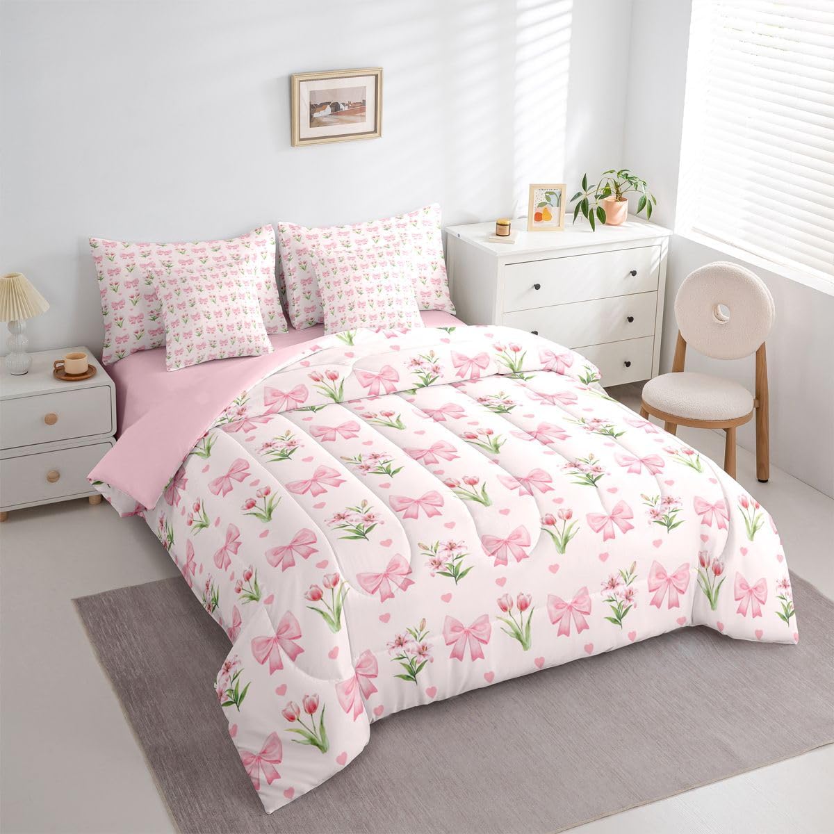 Erosebridal Kawaii Bowknot 7 Piece Bedding Set Twin Floral Ribbon Bow Comforter Set with Sheets Bow Tie Bed in A Bag Pink Tulips Bed Sets with 2 Pillowcases, 2 Throw Pillow Covers