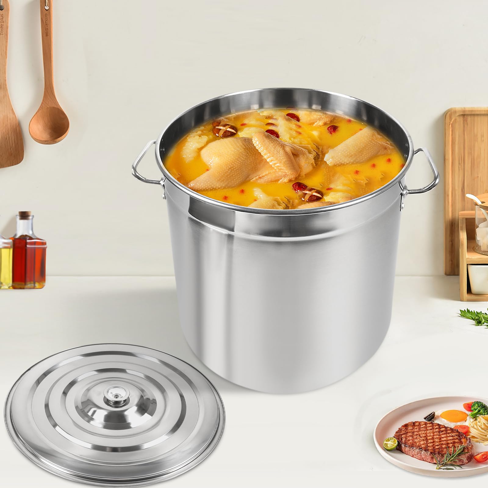 Ollas para sopa Olla de cocina grande, 50L Olla de acero inoxidable inducción con asas fuertes y tapa, grosor 3 mm, olla para sopa para todos los tipos de fogones y cocinas grandes