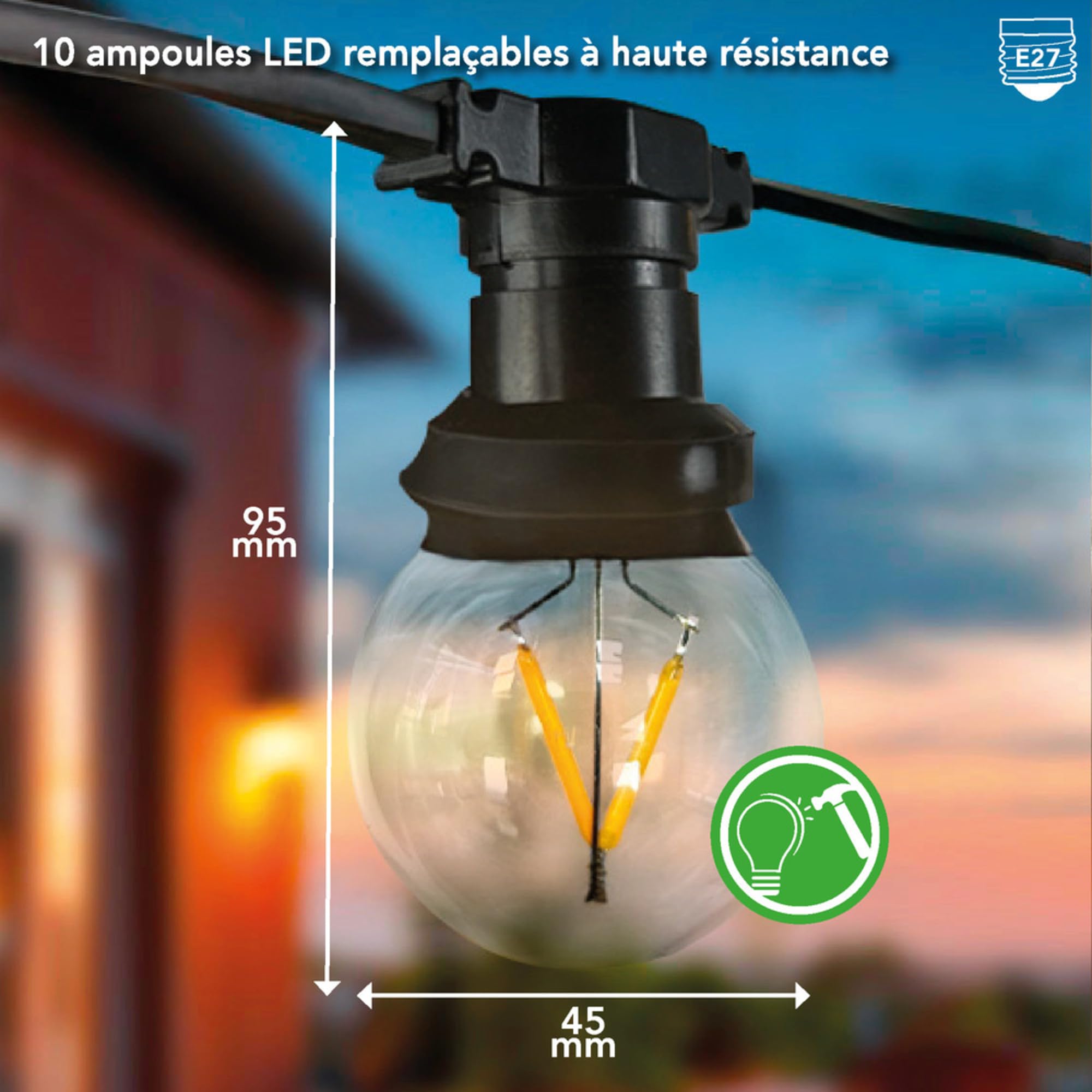 TIBELEC Guirlande LED Connectable 10 Douilles E27-10 Ampoules à Filament 85LM, Idéale pour Extérieur
