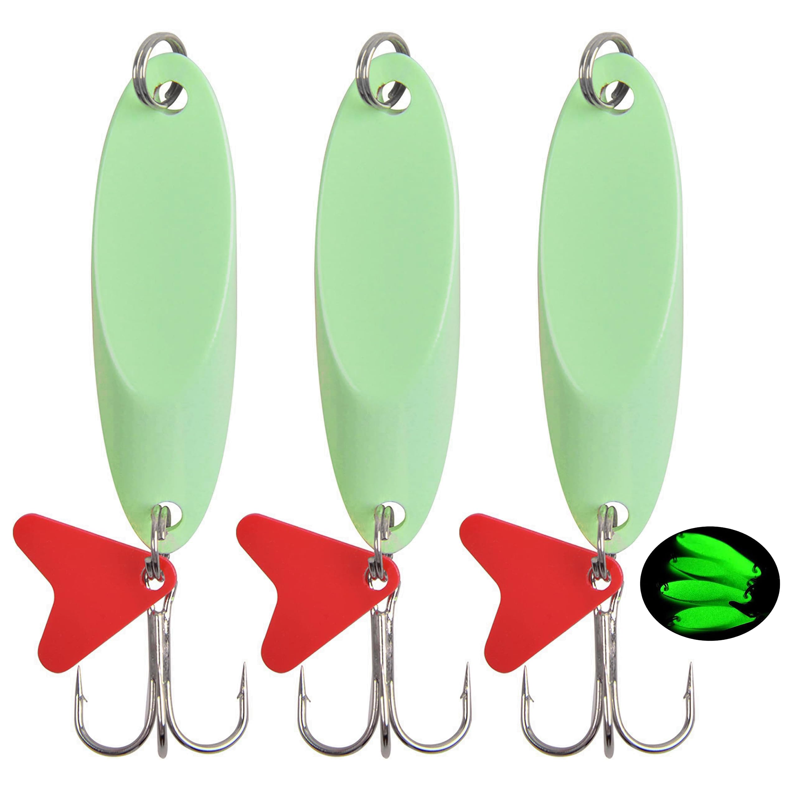 OROOTL Cuillère de pêche en métal lumineux, 10 pièces/8 pièces leurres de pêche en métal avec hameçons triples et pièce en plastique rouge, cuillère en métal dur appâts de pêche, 50g-10pcs
